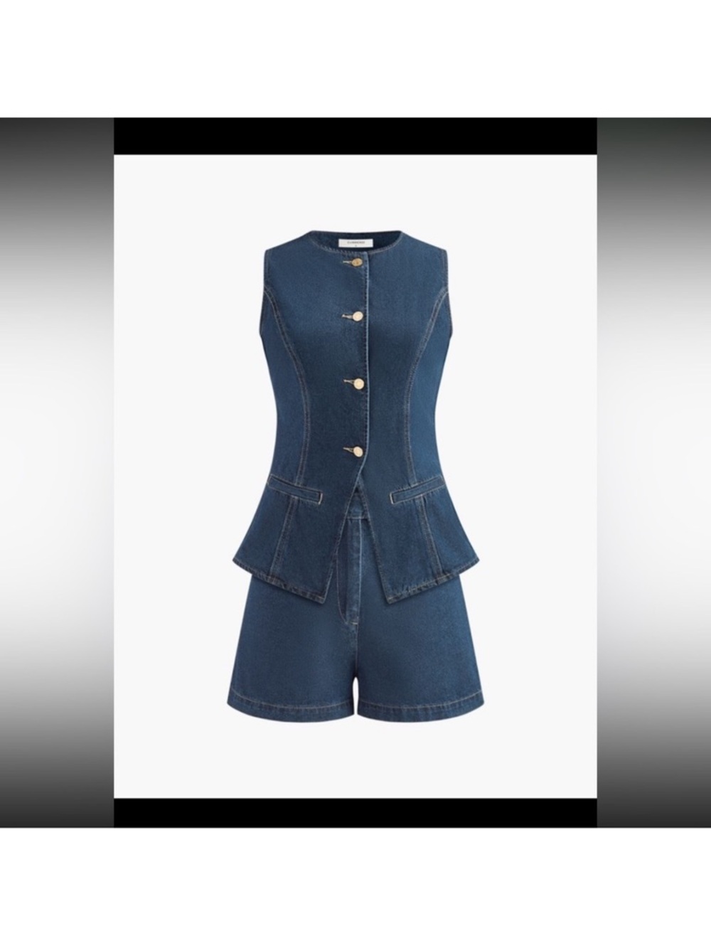 Commense Navy Denim Peplum Romper with Gold Buttons